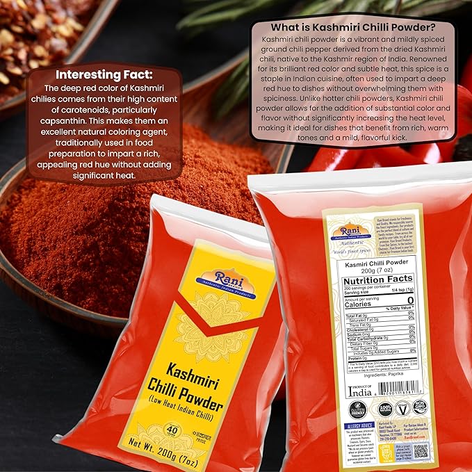 Rani Kashmiri Chilli Powder (Deggi Mirch, Low Heat) Ground Indian Spice 7oz (200g) ~ All Natural