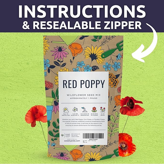 Red Poppy Seeds for Planting - Bulk 1 Pound Bag - Over 3,200,000 Wildflower Seeds