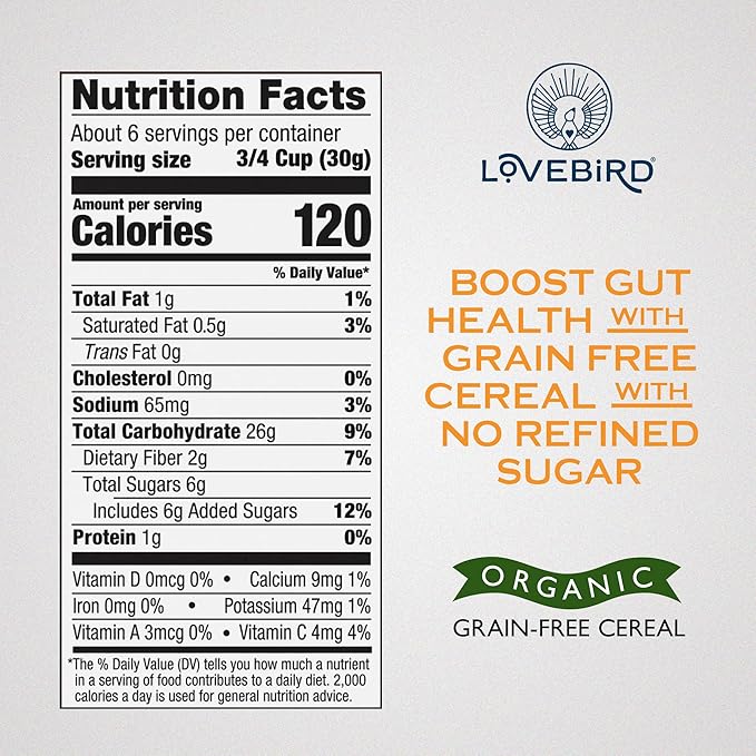 Lovebird Organic Gluten Free Cereal, Honey Flavor ??Prebiotic Fiber, Gut Health, Low Sugar, Grain