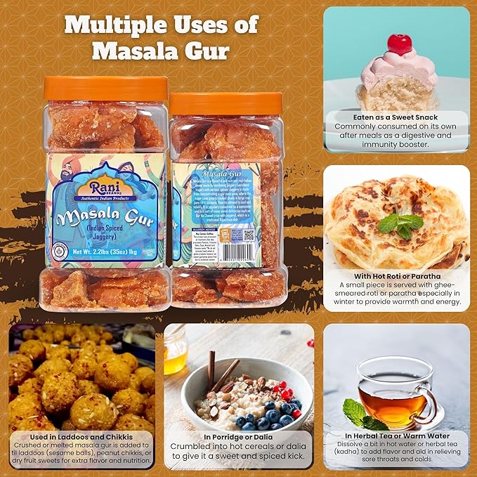 Rani Masala Gur (Jaggery) Indian Unrefined Raw Cane Sugar 35oz (2.2lbs) 1kg PET Jar ~ Gluten