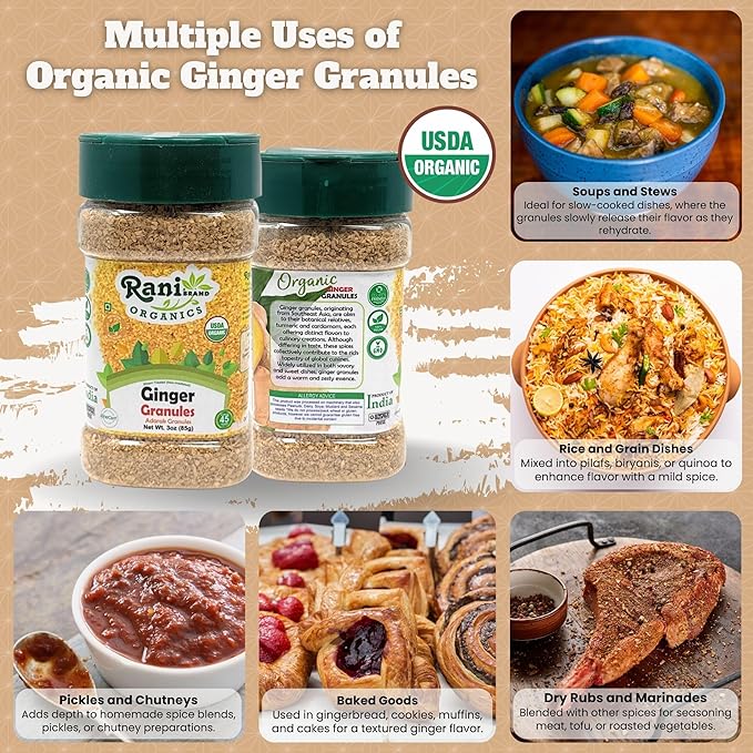 Rani Organic Granulated Ginger (Adarak Granules) 3oz (85g) PET Jar ~ All Natural | Gluten Friendly