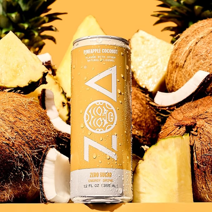 ZOA Zero Sugar Energy Drinks, Pineapple Coconut - Sugar Free with Electrolytes, Healthy Vitamin C