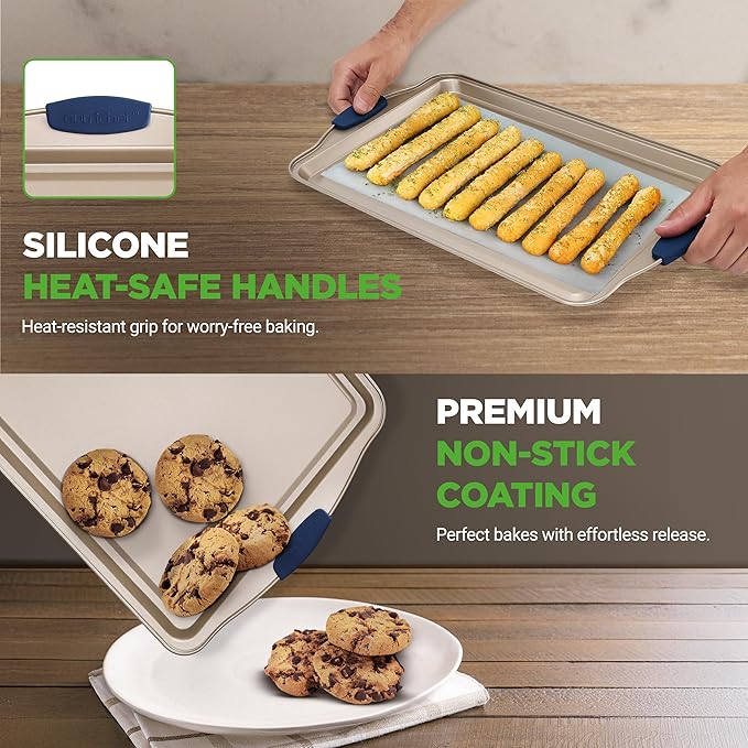 NutriChef 3-Piece Nonstick Bakeware Set - Premium Carbon Steel Oven Baking Trays w/Blue Silicone