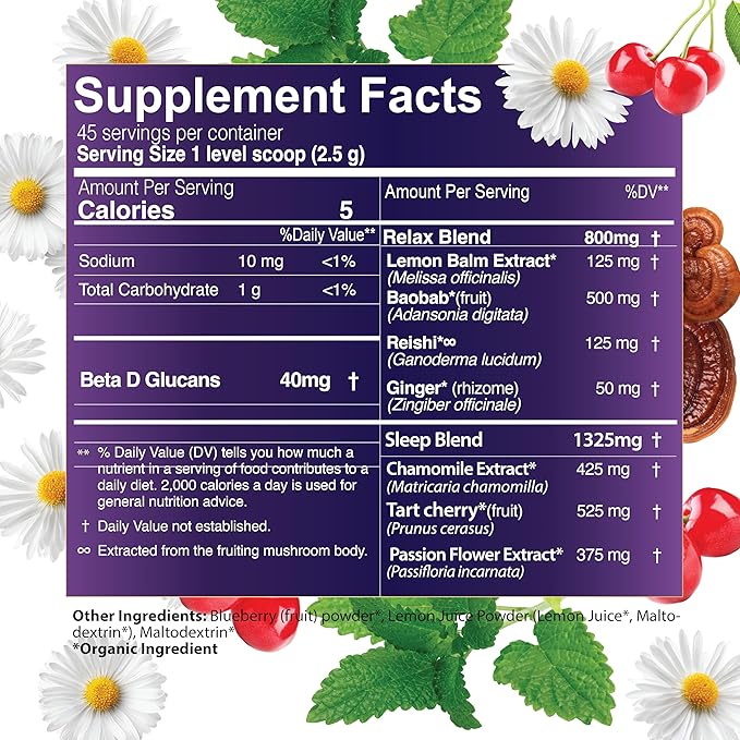 One Farm Dream Tea Sleep Powder - with USDA Organic Reishi, Tart Cherry, Chamomile, Lemon Balm, and