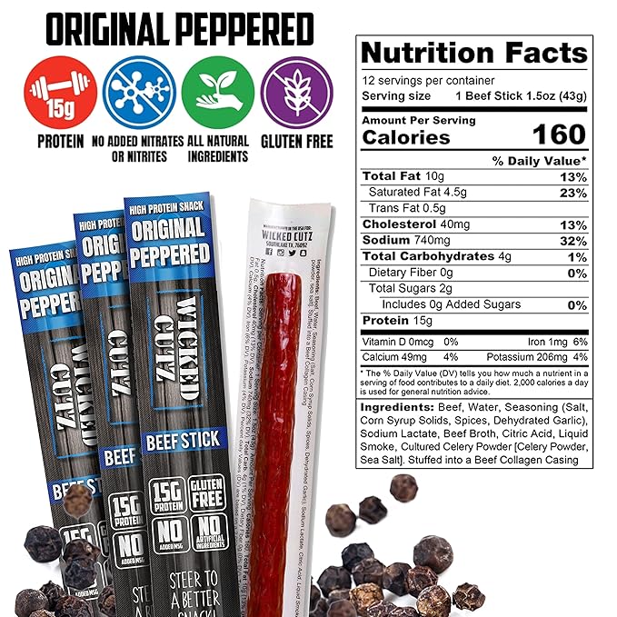 Wicked Cutz Original Peppered Beef Sticks, 15g Protein Per Beef Stick, Tender & Juicy Extra Large