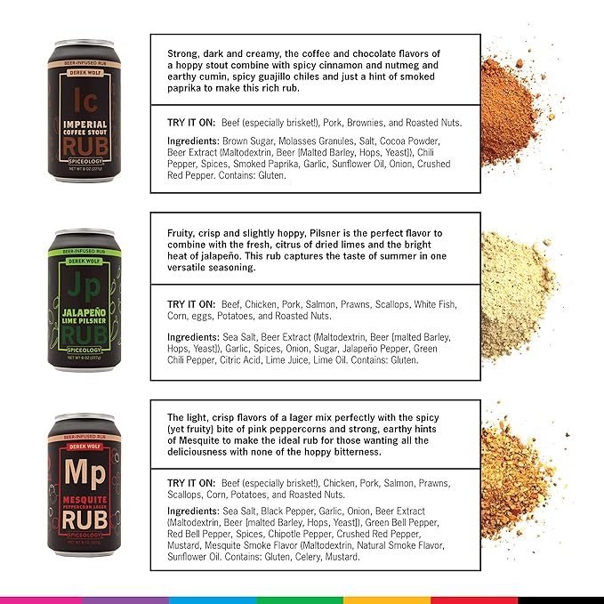 Spiceology -Derek Wolf Beer-Infused BBQ Rub Set -Cherry Chipotle Ale, Honey Mustard IPA, Hickory