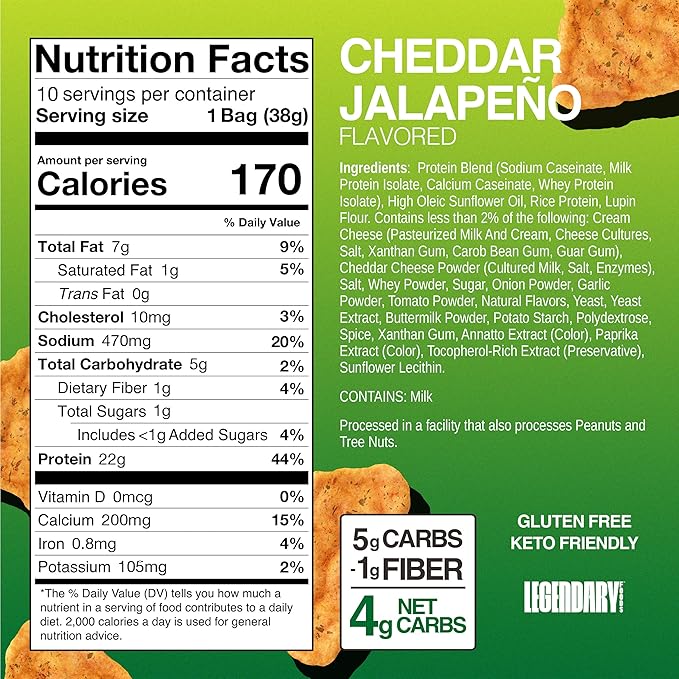 Legendary Foods Cheddar Jalapeño Protein Chips – Popped Tortilla Style – 22g High Protein, 4g Net