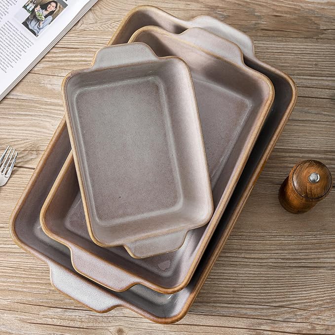 HVH 9x13 Baking Dish Set, Large Casserole Dishes for Oven, Ceramic Bakeware Set of 3, Rectangular
