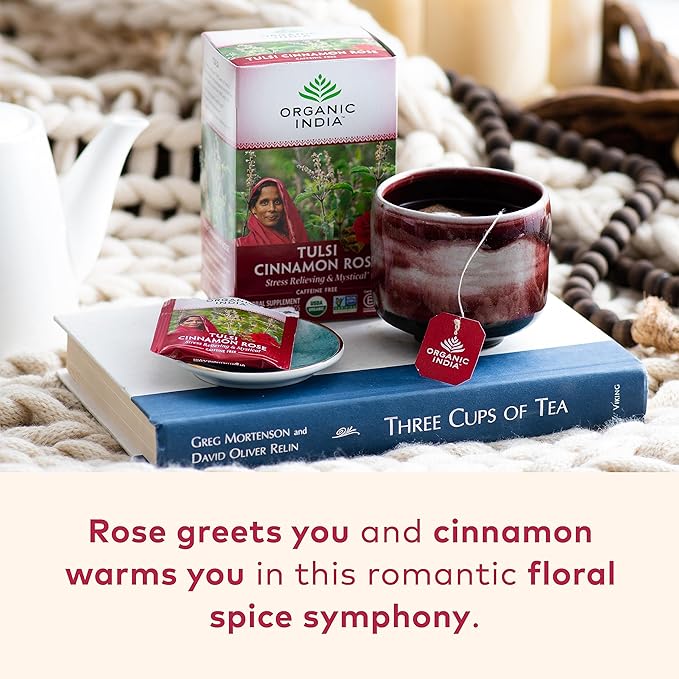 Organic India Tulsi Cinnamon Rose Herbal Tea - Holy Basil, Stress Relieving & Mystical, Immune