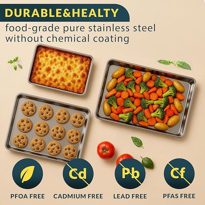 Baker’s Signature Stainless Steel Cookie Sheet Pan, Stainless Steel Baking Sheet Set of 3, Mirror