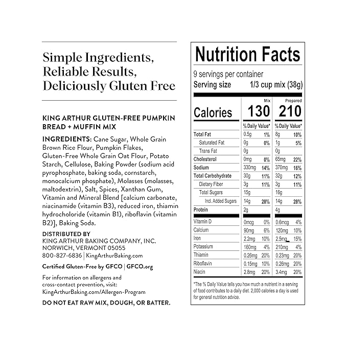 King Arthur, Gluten Free Pumpkin Bread + Muffin Mix, Gluten-Free, Non-GMO Project Verified