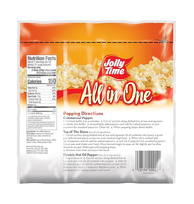 JOLLY TIME All in One Popcorn Kit, Portion Packets with Kernels, Oil and Salt for Movie Theater or