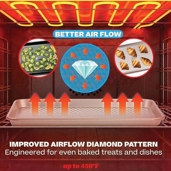 Baker's Secret Baking Sheet Pan Set, 3x Cookie Sheets for Oven, Diamond Texture Premium Air Flow