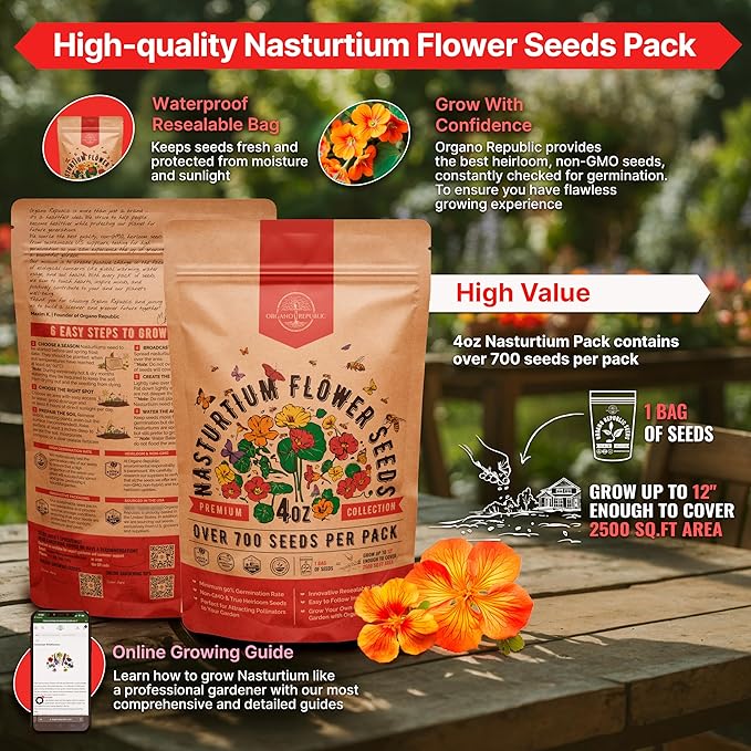 Nasturtium Seeds Pack 4 oz - Over 700 Non-GMO Heirloom Nasturtium Seeds for Planting, Edible