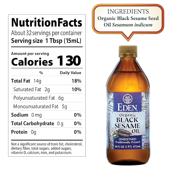 Eden Organic Black Sesame Oil, Unrefined, 100% Black Sesame Seed, 16 oz Amber Glass Bottle