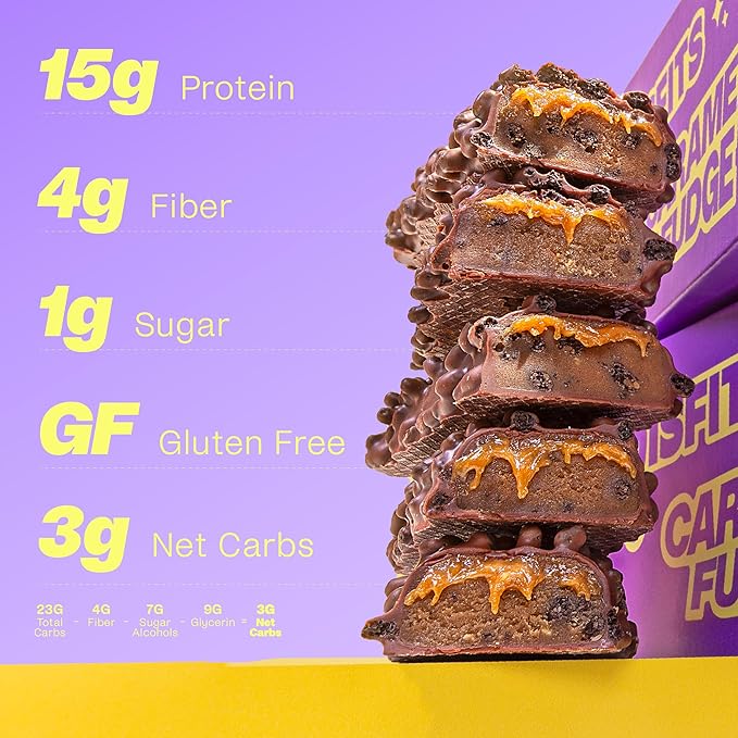 Misfits Vegan Protein Bars, Caramel Fudge - Updated Recipe | Plant Based, Low Sugar & Carb, High