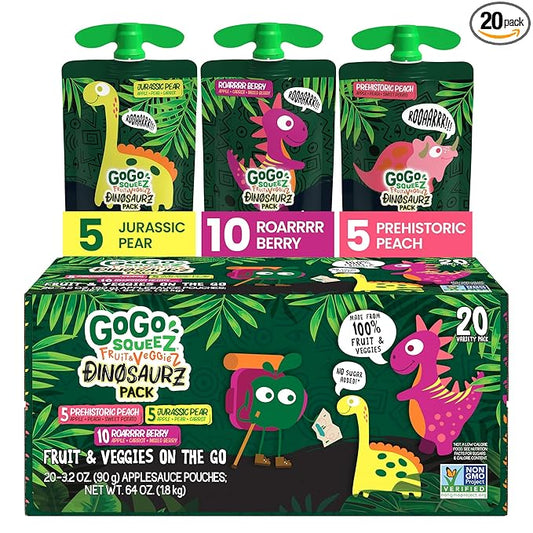 GoGo squeeZ Fruit & veggieZ Applesauce and Puree Variety Pack, Jurassic Pear, Roarrrr Berry &