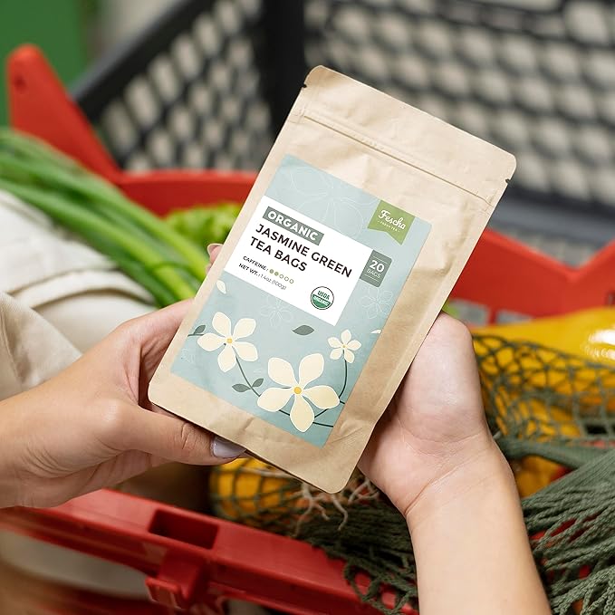 Fescha Organic Jasmine Green Tea Bags, Flower-scented Tea (50-count), Eco-Conscious Tea Bags