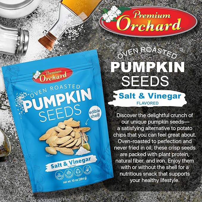 PREMIUM ORCHARD Flavored Pumpkin Seeds Oven Roasted | Salt and Vinegar| High Protein Snacks for
