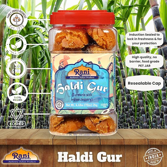 Rani Haldi Gur (Turmeric with Indian Jaggery) Indian Unrefined Raw Cane Sugar 70oz (4.4lbs) 2kg PET
