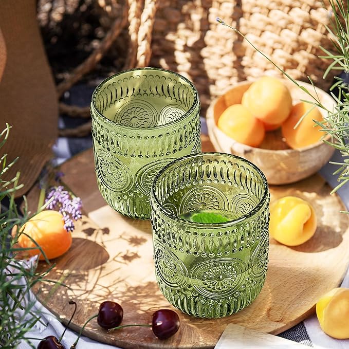 Joeyan Vintage Drinking Glasses Set of 4,9 oz Green Embossed Sunflower Small Water Glass Tumbler