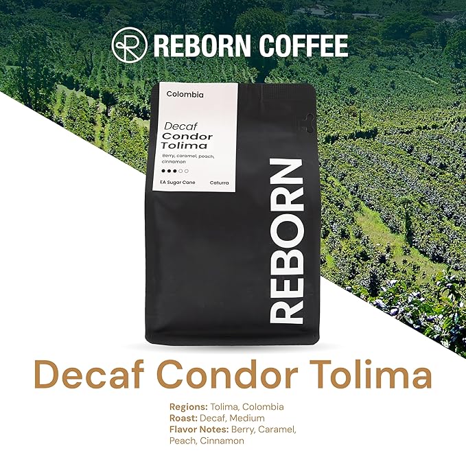 Reborn Coffee Specialty Whole Bean Decaf Coffee, Medium Roast, 12 Ounce, Colombia Condor Tolima