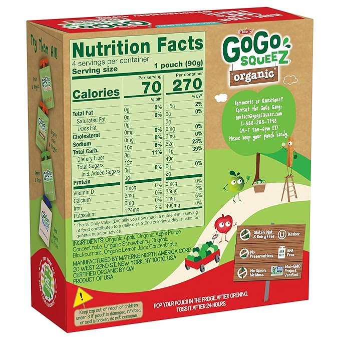 GoGo squeeZ Organic Applesauce and Fruit Puree Apple Strawberry, 3.2 oz (Pack of 48), Unsweetened