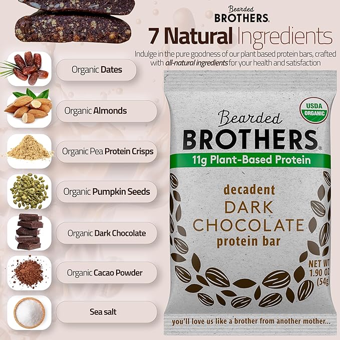 Bearded Brothers Organic Protein Bars, Dark Chocolate (10 Pack) - 11g of Plant Based Protein Gluten