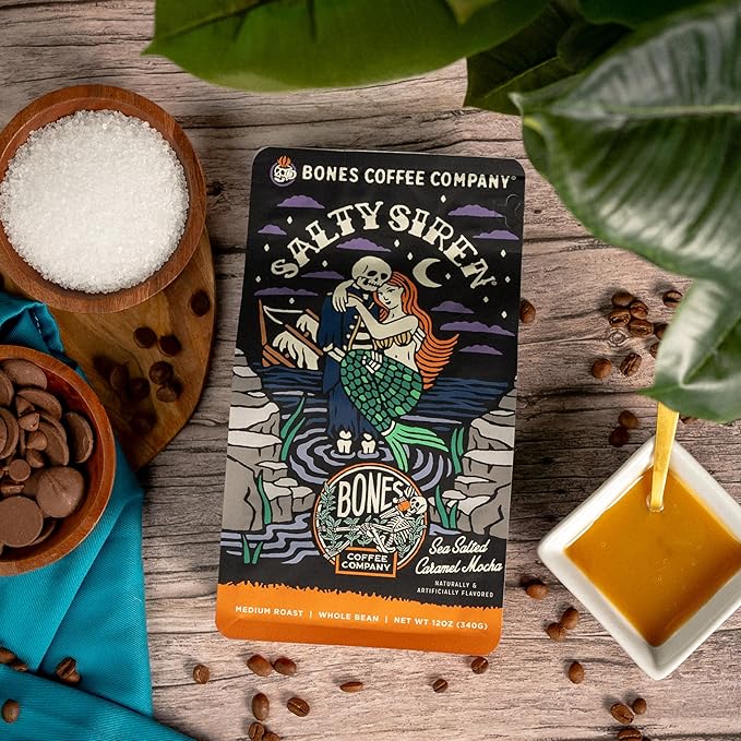 Bones Coffee Company Salty Siren, Sea Salted Caramel Chocolate Flavored Coffee, Medium Roast Low