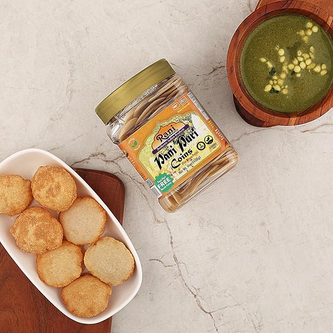 Rani Pani Puri Coins (Uncooked, Microwaveable Wheat Semolina Coins) 14oz (400g) w/Pani Puri Masala