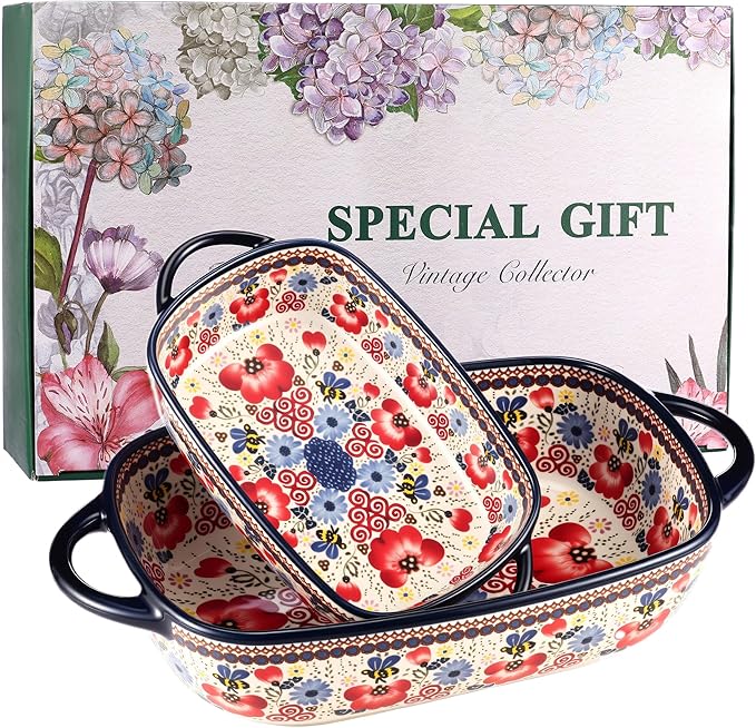 Ceramic Baking Dish Set of 2 ??Decorative Polish Pottery Style Casserole Dishes with Handles, Cute