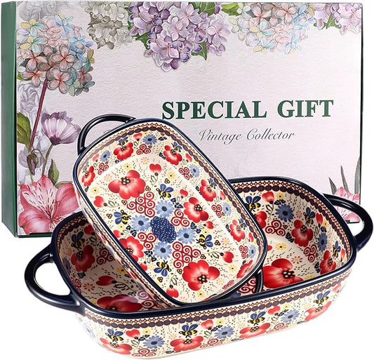 Ceramic Baking Dish Set of 2 ??Decorative Polish Pottery Style Casserole Dishes with Handles, Cute