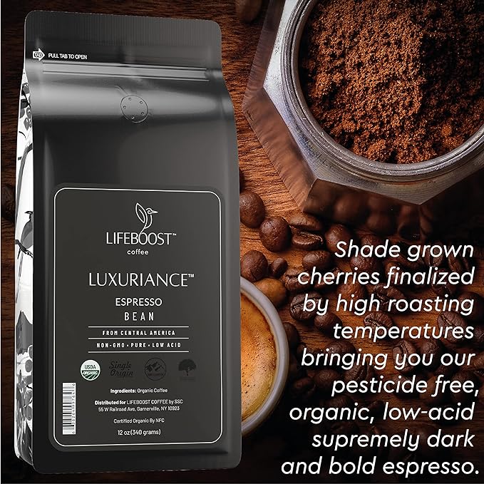 Lifeboost Organic Espresso Beans Whole - Non-GMO Low Acid Single Origin Organic Espresso Coffee