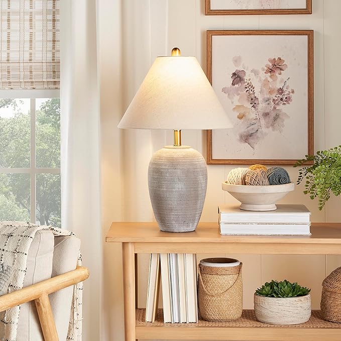 Nourison Home 23" Rustic Brown (Gray Undertones) Ceramic Pot Table Lamp for Bedroom, Living Room