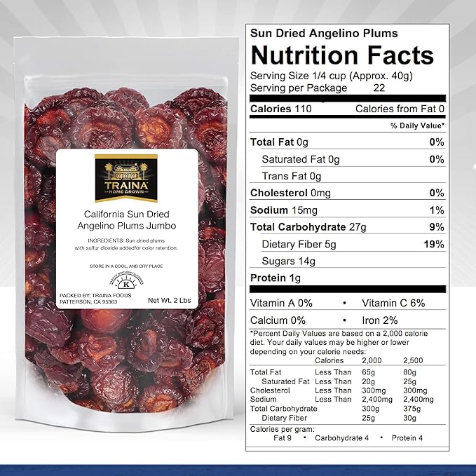 Traina Home Grown Jumbo California Sun Dried Angelino Plum Halves - Healthy, No Sugar Added, Chewy