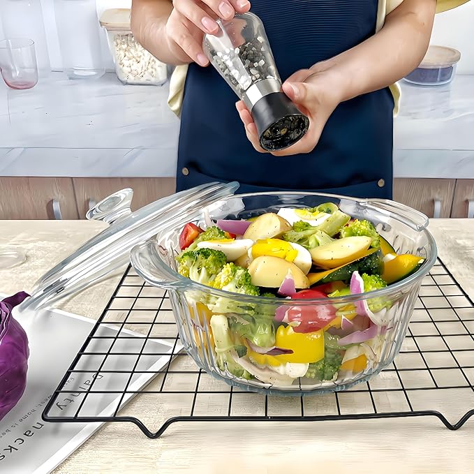 Round Glass Casserole Baking Dish With Lid, Borosilicate Glass, 2.4QT Glass Casserole Dish for Oven