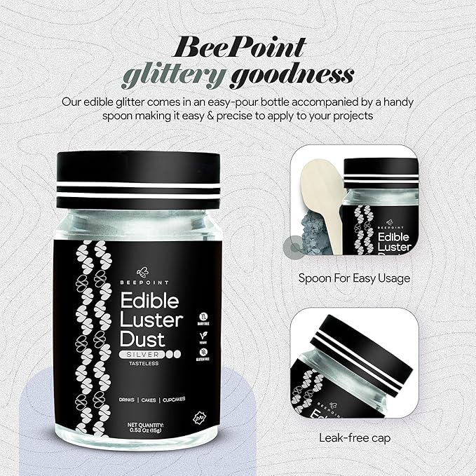BeePoint Silver Edible Luster Dust 15g - Food Grade, Vibrant Color Shimmer Powdered Dust for