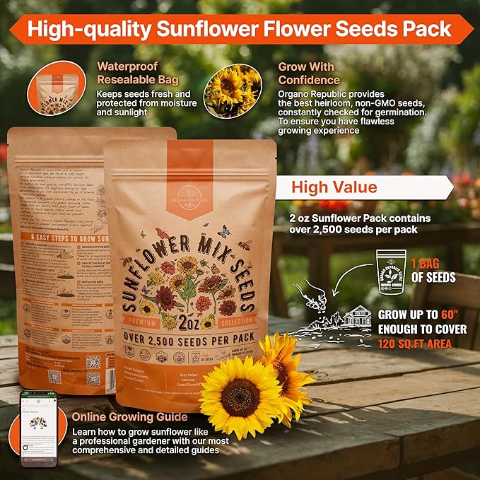 Sunflower Mix Seeds Pack 2 oz - Over 2,500 Non-GMO Heirloom Sunflower Seeds for Planting, Annual
