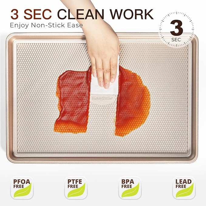 HONGBAKE 3 Pack Gold Nonstick Baking Sheet Pan Set with Oven Mitts Heat Resistant, Non-Toxic