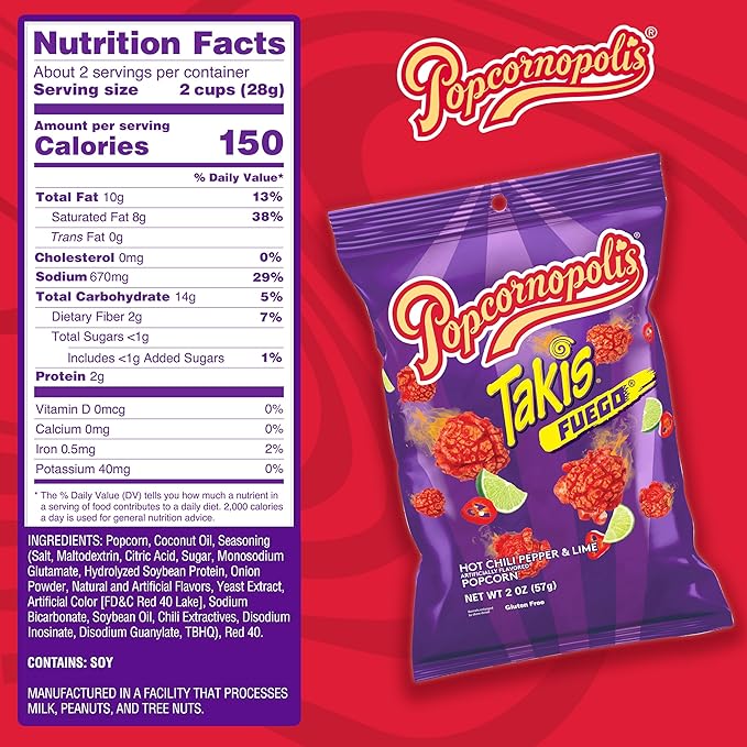 Popcornopolis Fuego Takis 5 ct, 2 oz Case, Hot Chili Pepper & Lime Flavored Extreme Savory Popcorn
