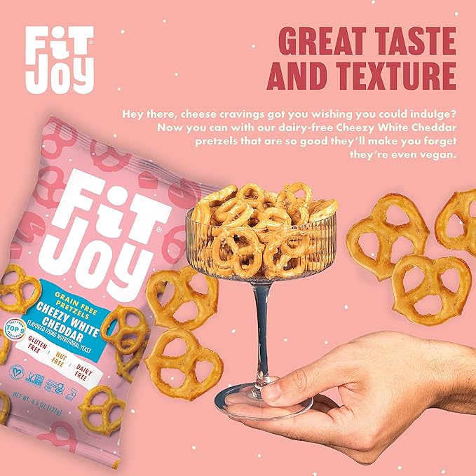 FitJoy White Cheddar Pretzels (Pack of 6, 4.5 Oz) - Dairy, Nut & Gluten Free Snacks - Grain Free