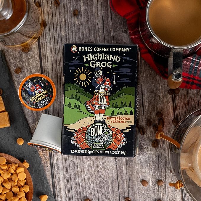 Bones Coffee Company Flavored Coffee Bones Cups Highland Grog Butterscotch Caramel | 12ct