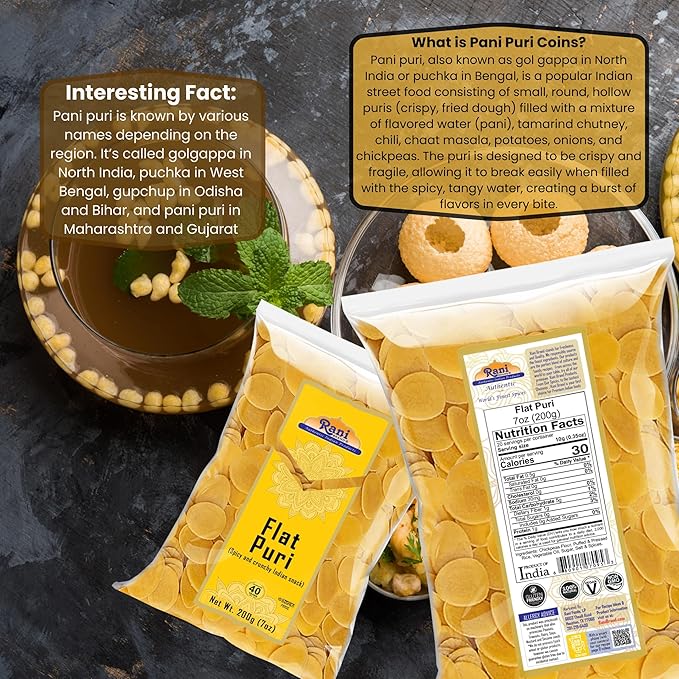 Rani Pani Puri Coins 7oz (200g) 80-85 Coins ~ Uncooked, Microwaveable wheat and Semolina Coins ~