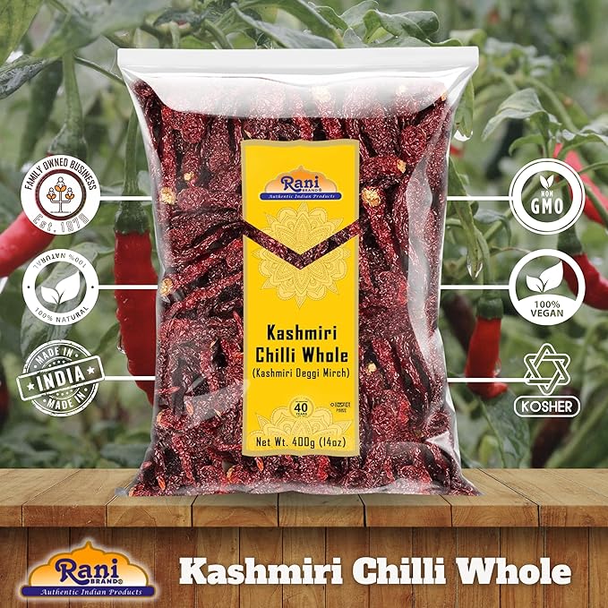 Rani Kashmiri Chilli Whole (Deggi Mirch, Low Heat) 14oz (400g) ~ Natural | Salt-Free | Vegan | No