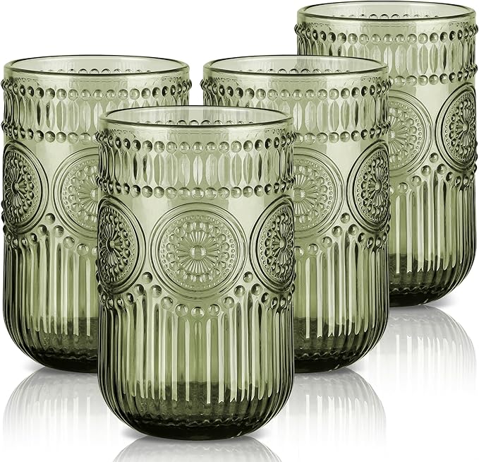 Joeyan Vintage Green Drinking Glasses Set of 4,14 oz Embossed Sunflower Beaded Highball Glass Water