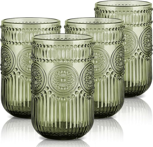 Joeyan Vintage Green Drinking Glasses Set of 4,14 oz Embossed Sunflower Beaded Highball Glass Water