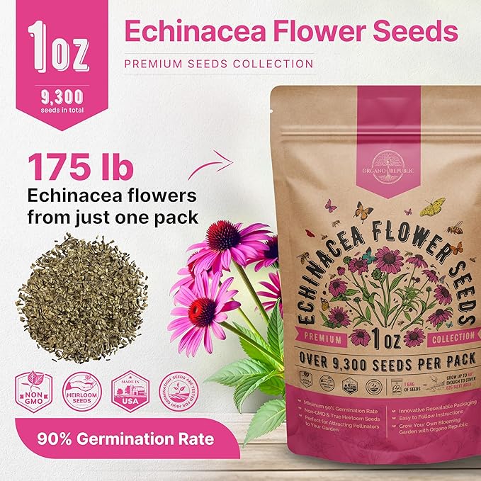 Organo Republic Echinacea Seeds Pack 1 oz - Over 9,300 Non-GMO Heirloom Echinacea Seeds for