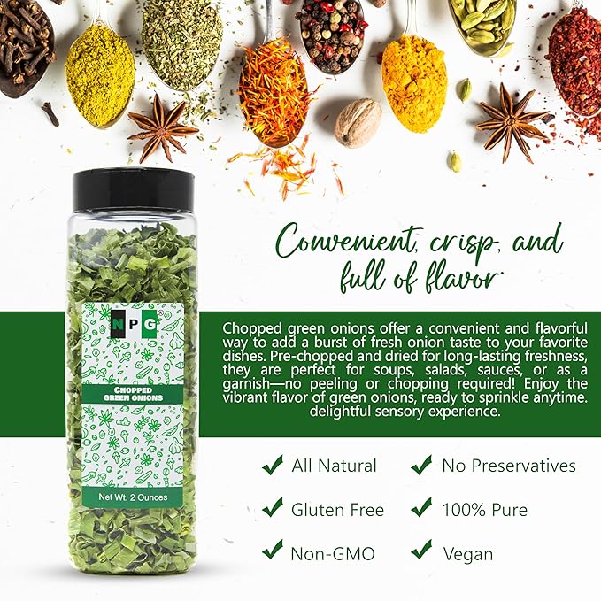 NPG Freeze Dried Chopped Green Onions 2 Oz, All Natural Non-GMO Gluten Free, Dried Scallions