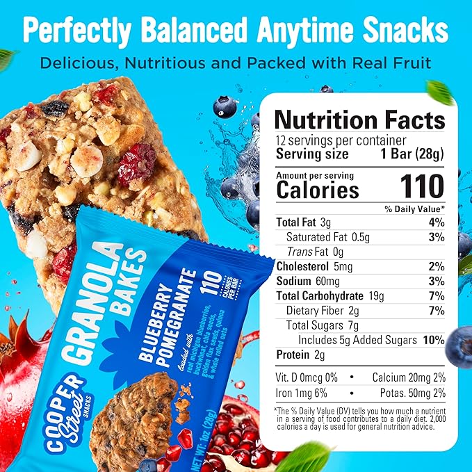 Cooper Street Blueberry Pomegranate Granola Bakes (12 bars) - Individually Wrapped Soft and Chewy