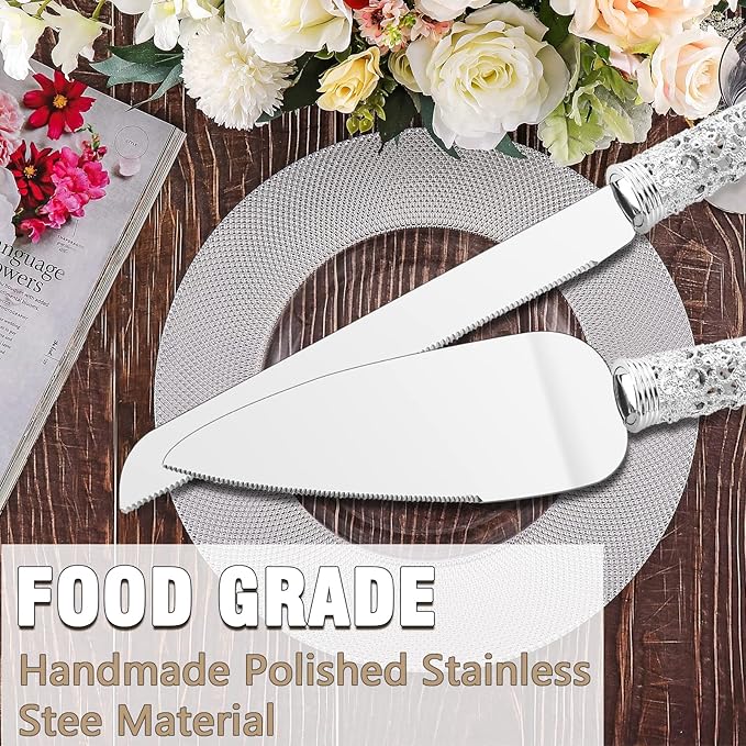 Wedding Silver Cake Knife and Server Set - 2 Pcs Dessert Set Metal Handle with Crystal Stones